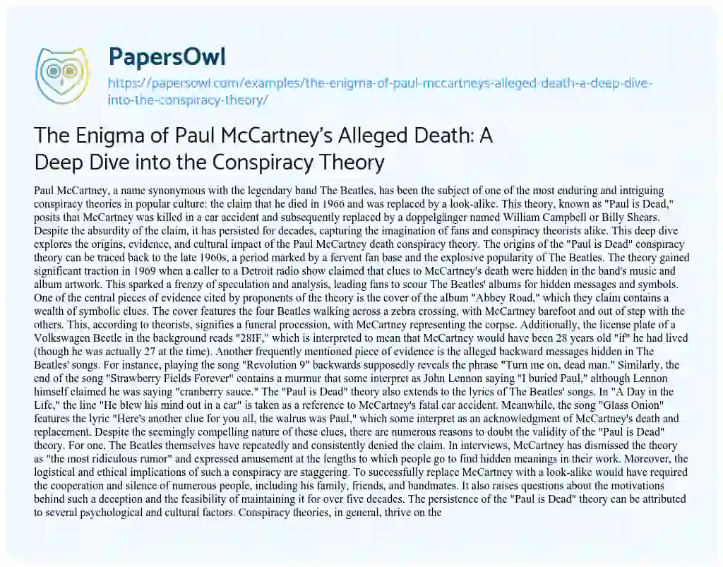 Essay on The Enigma of Paul McCartney’s Alleged Death: a Deep Dive into the Conspiracy Theory