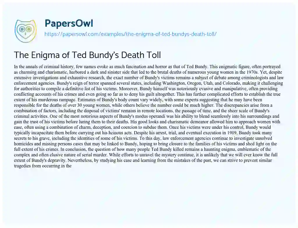 Essay on The Enigma of Ted Bundy’s Death Toll