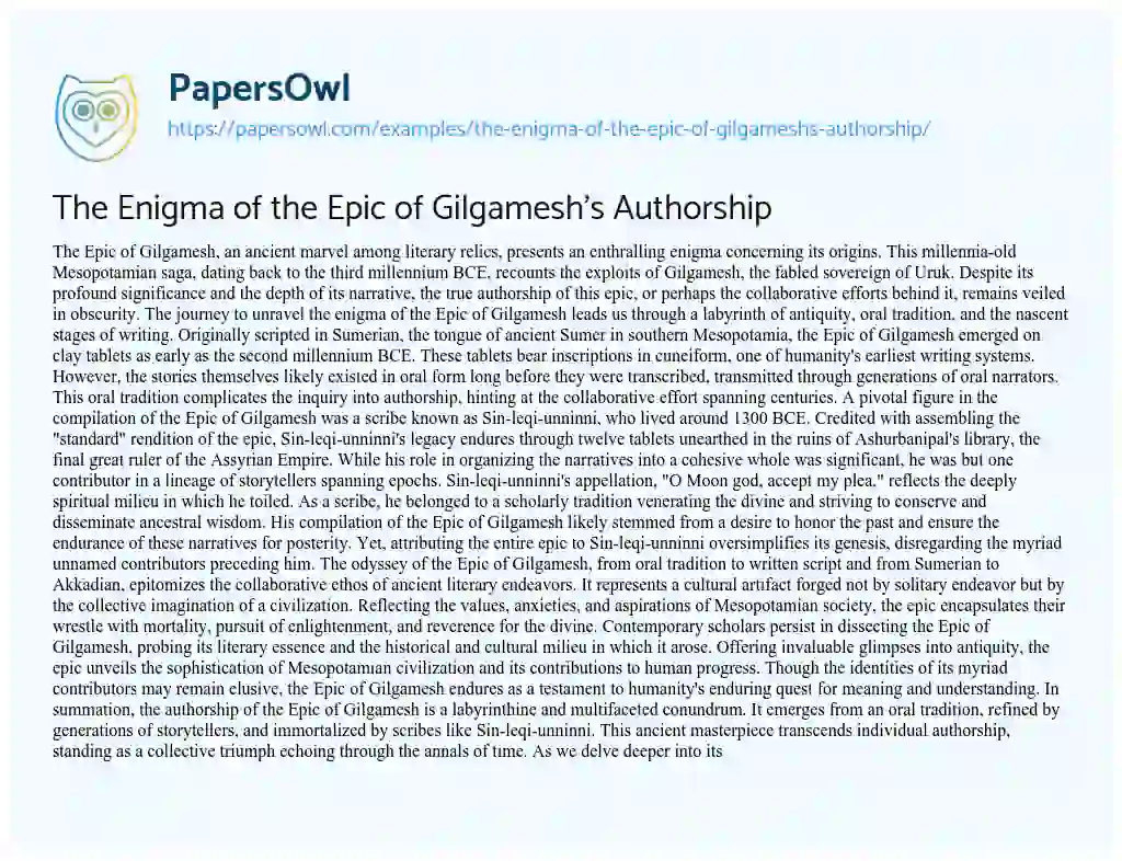 Essay on The Enigma of the Epic of Gilgamesh’s Authorship