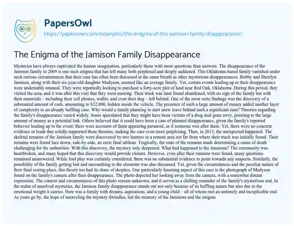 Essay on The Enigma of the Jamison Family Disappearance