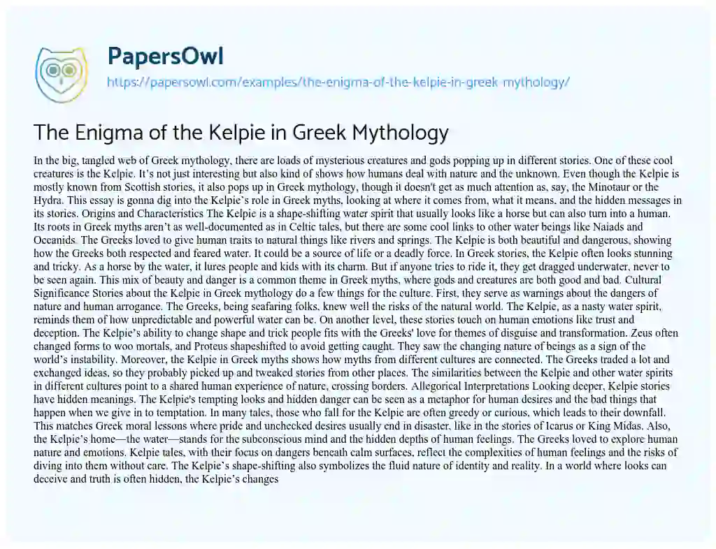 Essay on The Enigma of the Kelpie in Greek Mythology