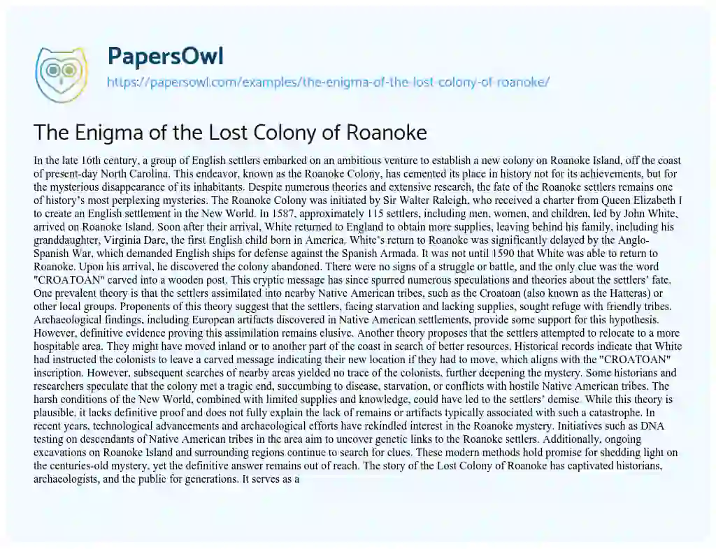 Essay on The Enigma of the Lost Colony of Roanoke