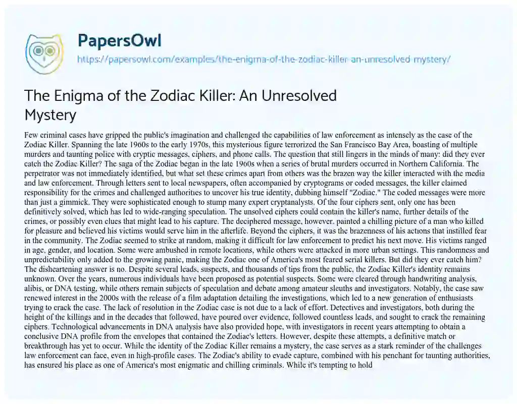 Essay on The Enigma of the Zodiac Killer: an Unresolved Mystery