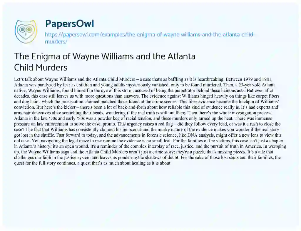 Essay on The Enigma of Wayne Williams and the Atlanta Child Murders