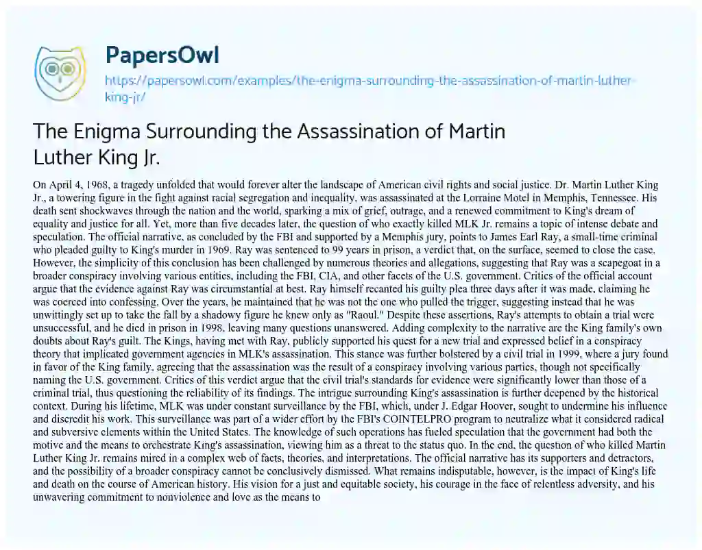 Essay on The Enigma Surrounding the Assassination of Martin Luther King Jr.