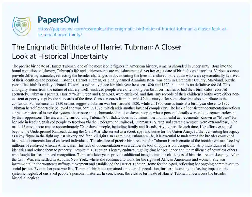 Essay on The Enigmatic Birthdate of Harriet Tubman: a Closer Look at Historical Uncertainty