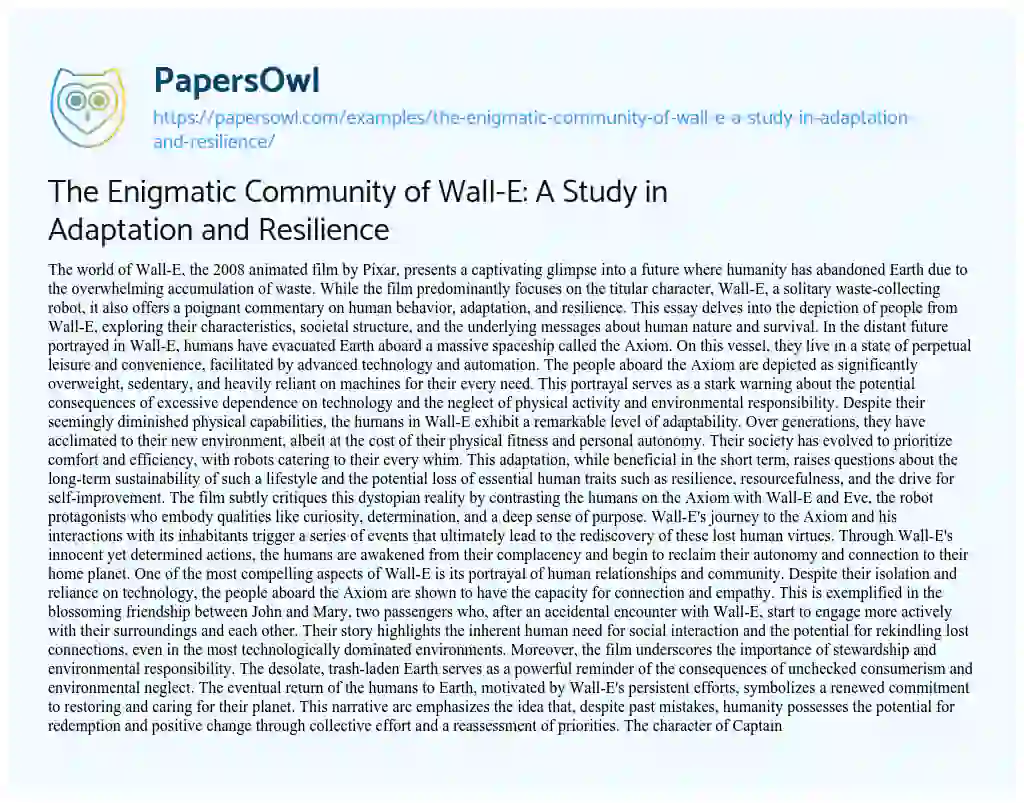 Essay on The Enigmatic Community of Wall-E: a Study in Adaptation and Resilience