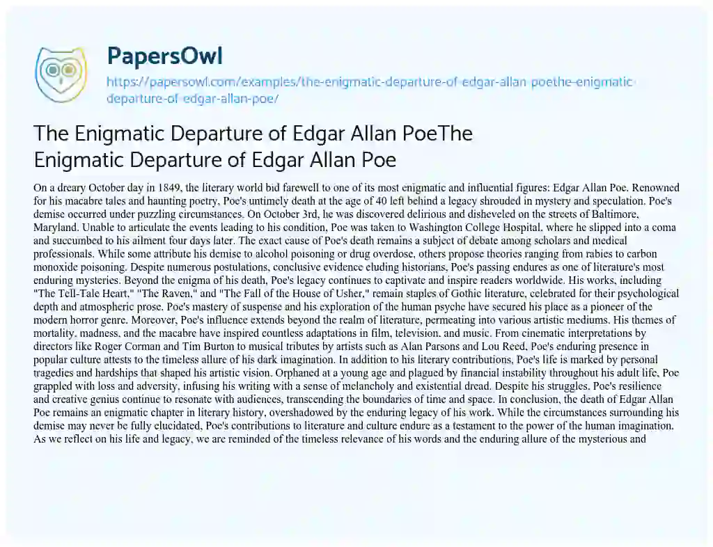 Essay on The Enigmatic Departure of Edgar Allan PoeThe Enigmatic Departure of Edgar Allan Poe