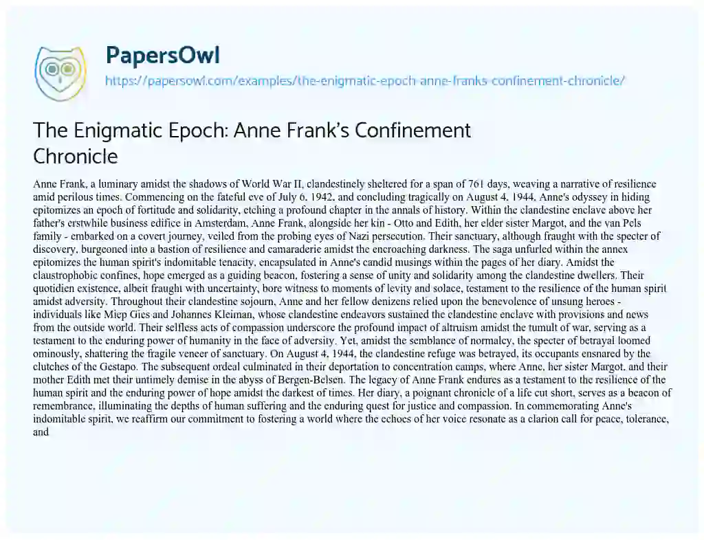 Essay on The Enigmatic Epoch: Anne Frank’s Confinement Chronicle