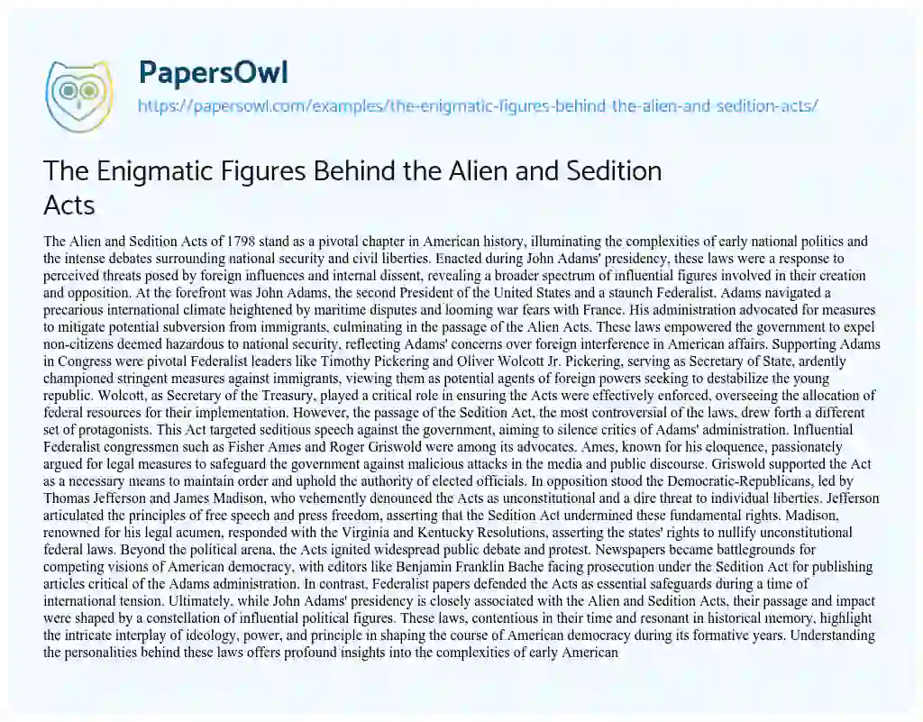 Essay on The Enigmatic Figures Behind the Alien and Sedition Acts
