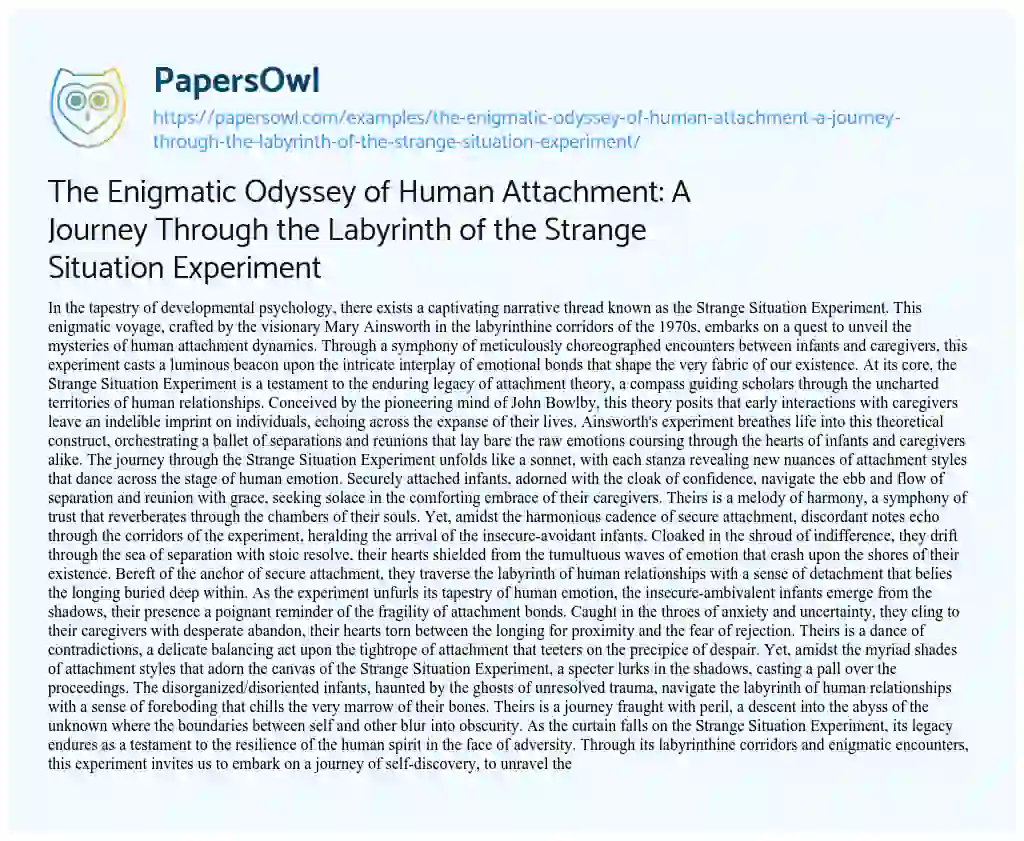 Essay on The Enigmatic Odyssey of Human Attachment: a Journey through the Labyrinth of the Strange Situation Experiment