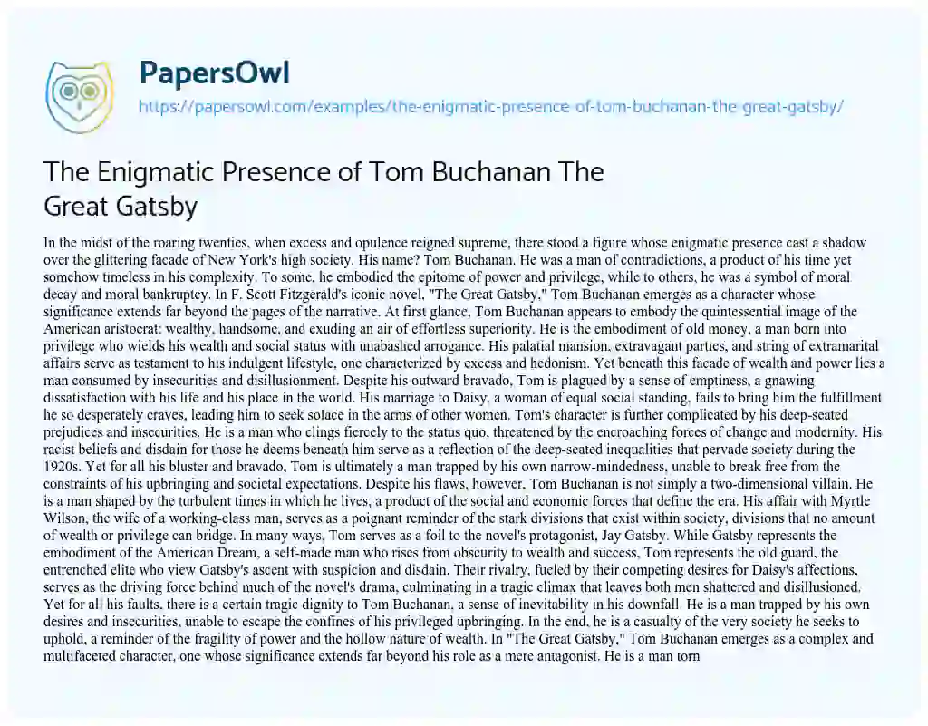 The Enigmatic Presence of Tom Buchanan The Great Gatsby - Free Essay ...