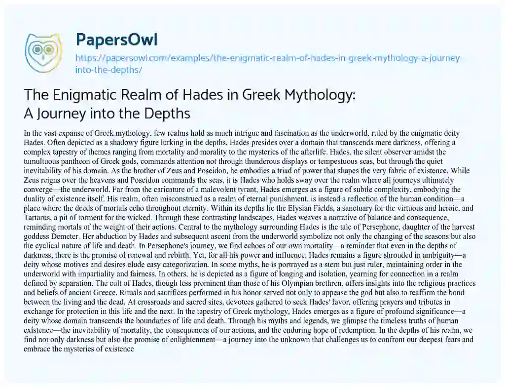 Essay on The Enigmatic Realm of Hades in Greek Mythology: a Journey into the Depths