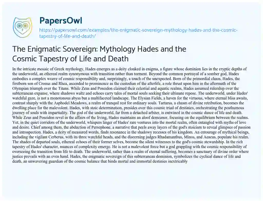 Essay on The Enigmatic Sovereign: Mythology Hades and the Cosmic Tapestry of Life and Death