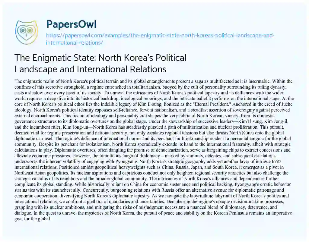 Essay on The Enigmatic State: North Korea’s Political Landscape and International Relations