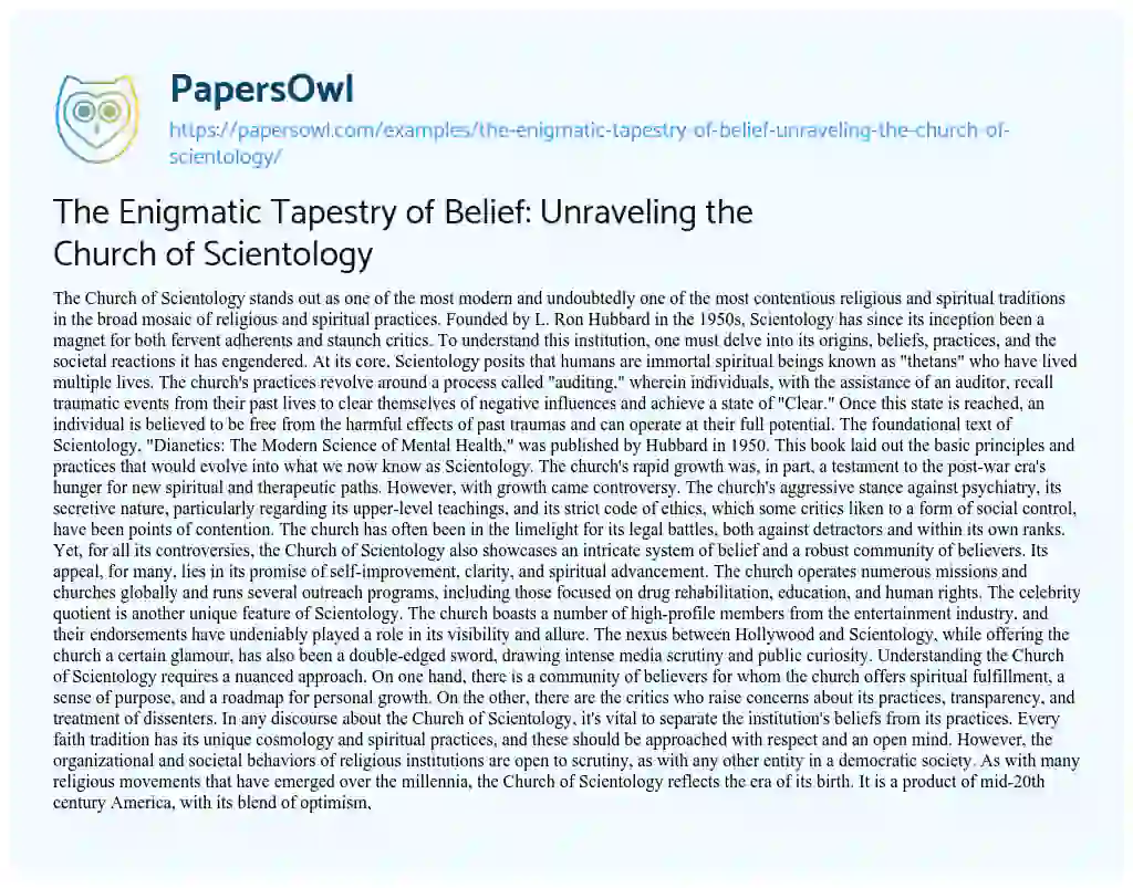 Essay on The Enigmatic Tapestry of Belief: Unraveling the Church of Scientology