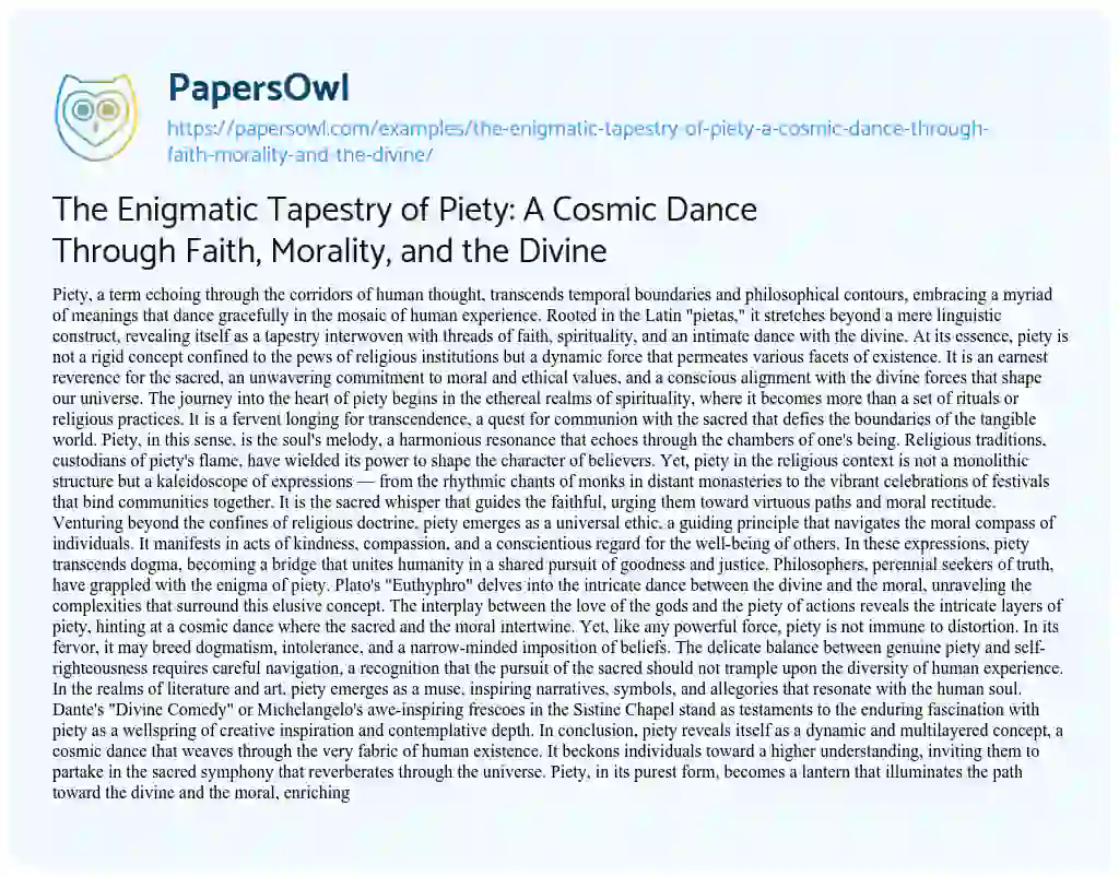 Essay on The Enigmatic Tapestry of Piety: a Cosmic Dance through Faith, Morality, and the Divine