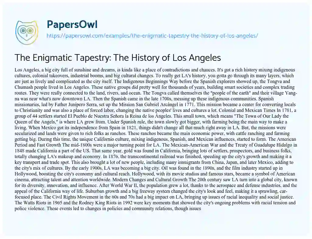 Essay on The Enigmatic Tapestry: the History of Los Angeles