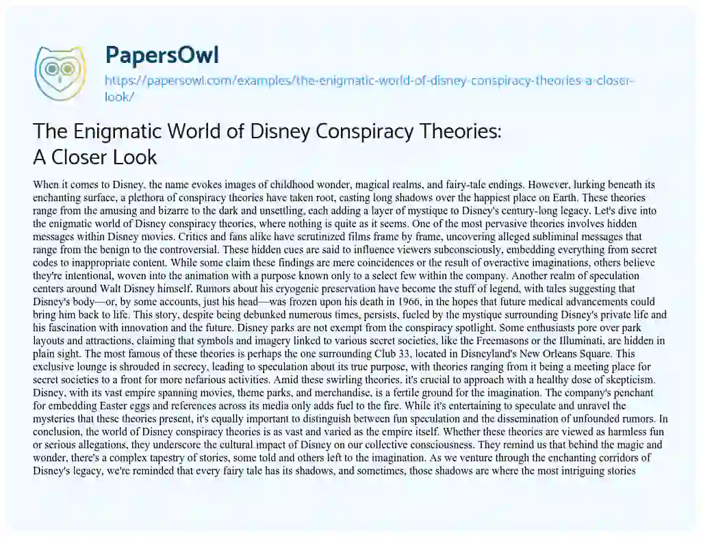 Essay on The Enigmatic World of Disney Conspiracy Theories: a Closer Look