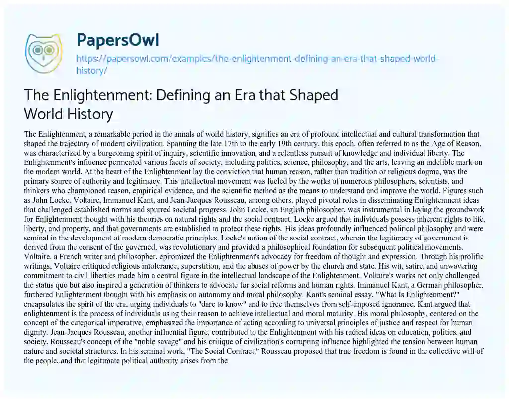 Essay on The Enlightenment: Defining an Era that Shaped World History