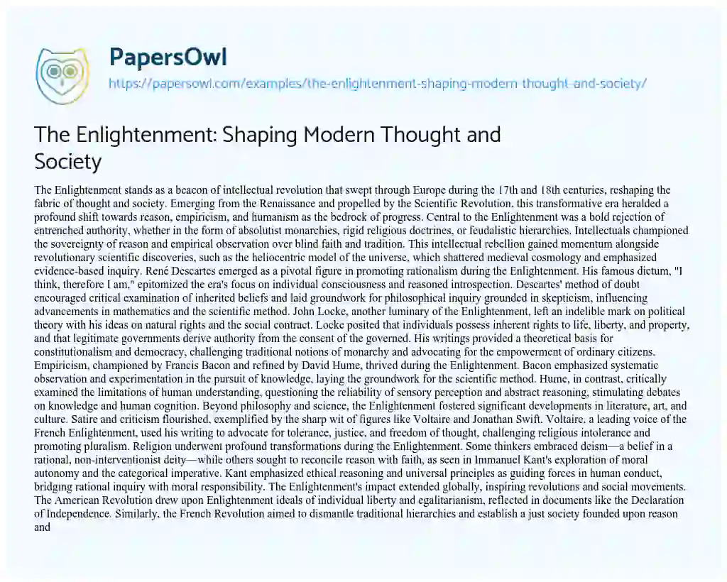 Essay on The Enlightenment: Shaping Modern Thought and Society