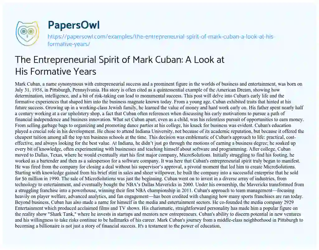 Essay on The Entrepreneurial Spirit of Mark Cuban: a Look at his Formative Years
