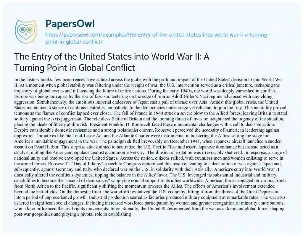 Essay on The Entry of the United States into World War II: a Turning Point in Global Conflict