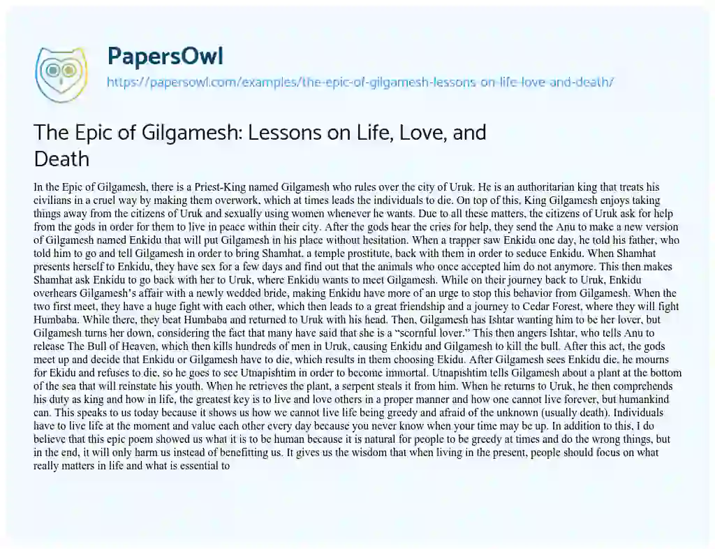 Essay on The Epic of Gilgamesh: Lessons on Life, Love, and Death