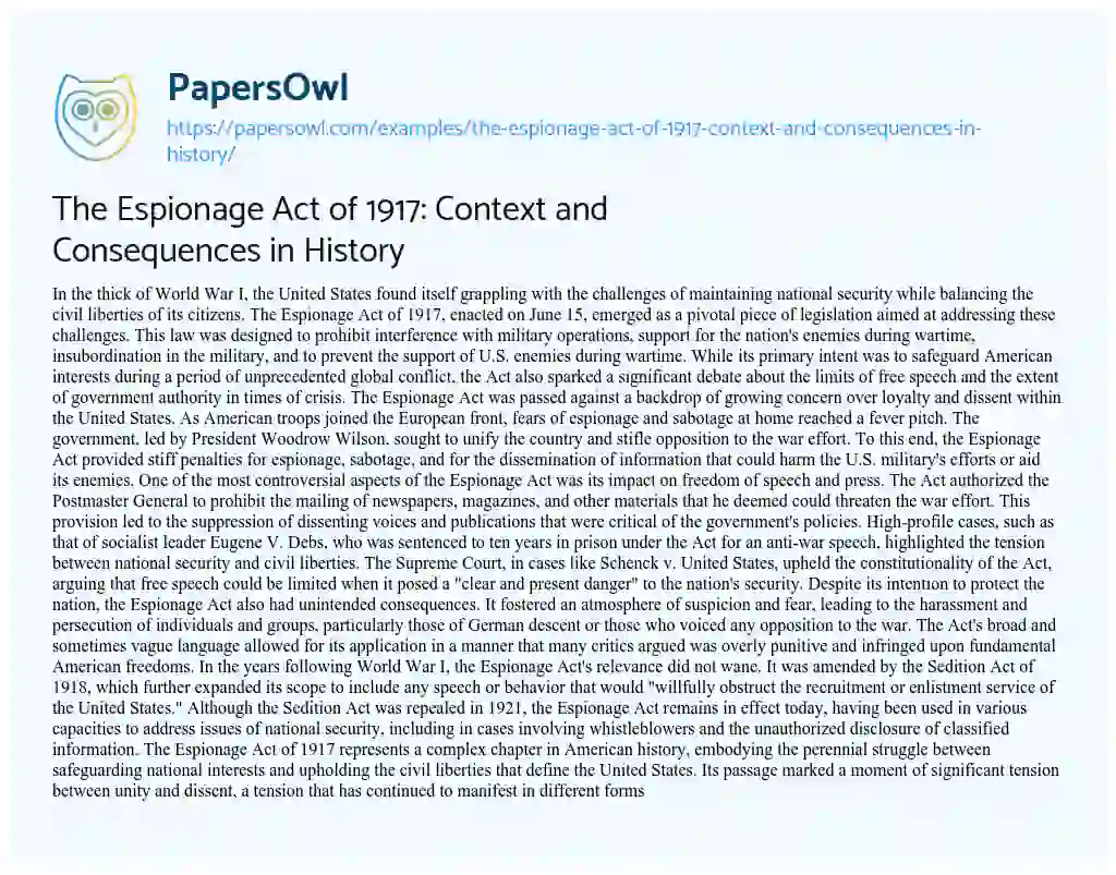 Essay on The Espionage Act of 1917: Context and Consequences in History