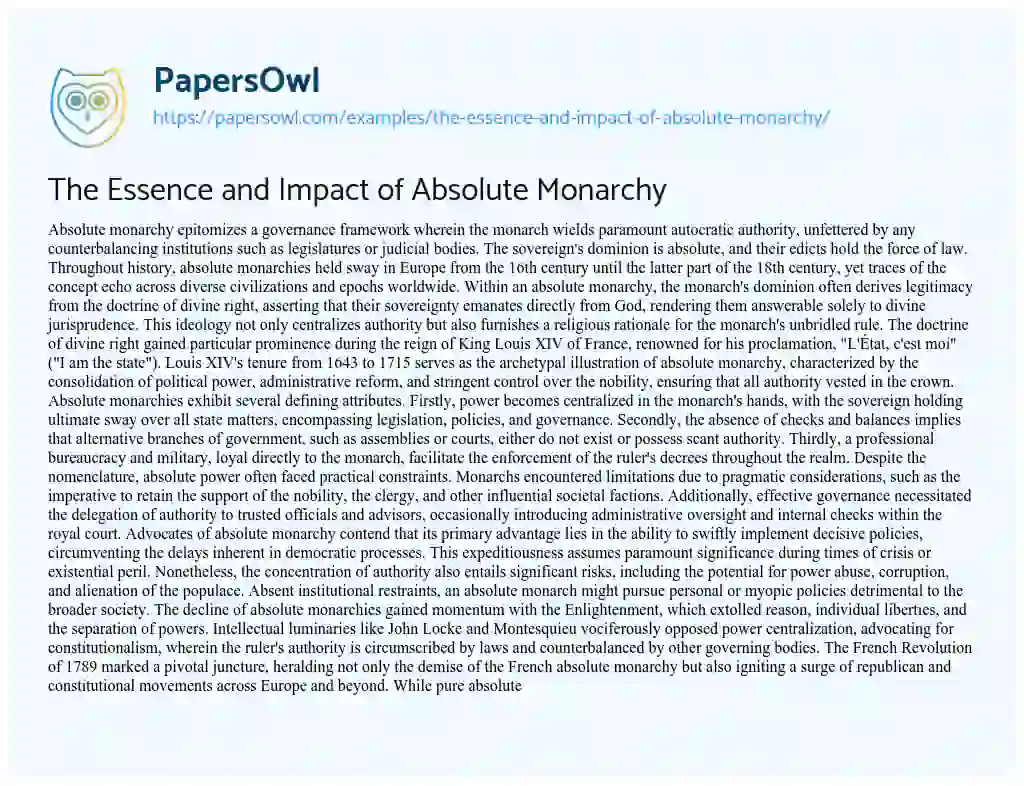 Essay on The Essence and Impact of Absolute Monarchy