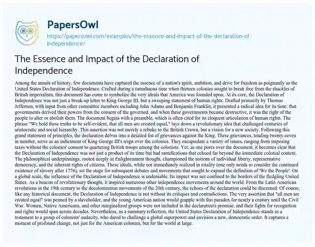 Essay on The Essence and Impact of the Declaration of Independence