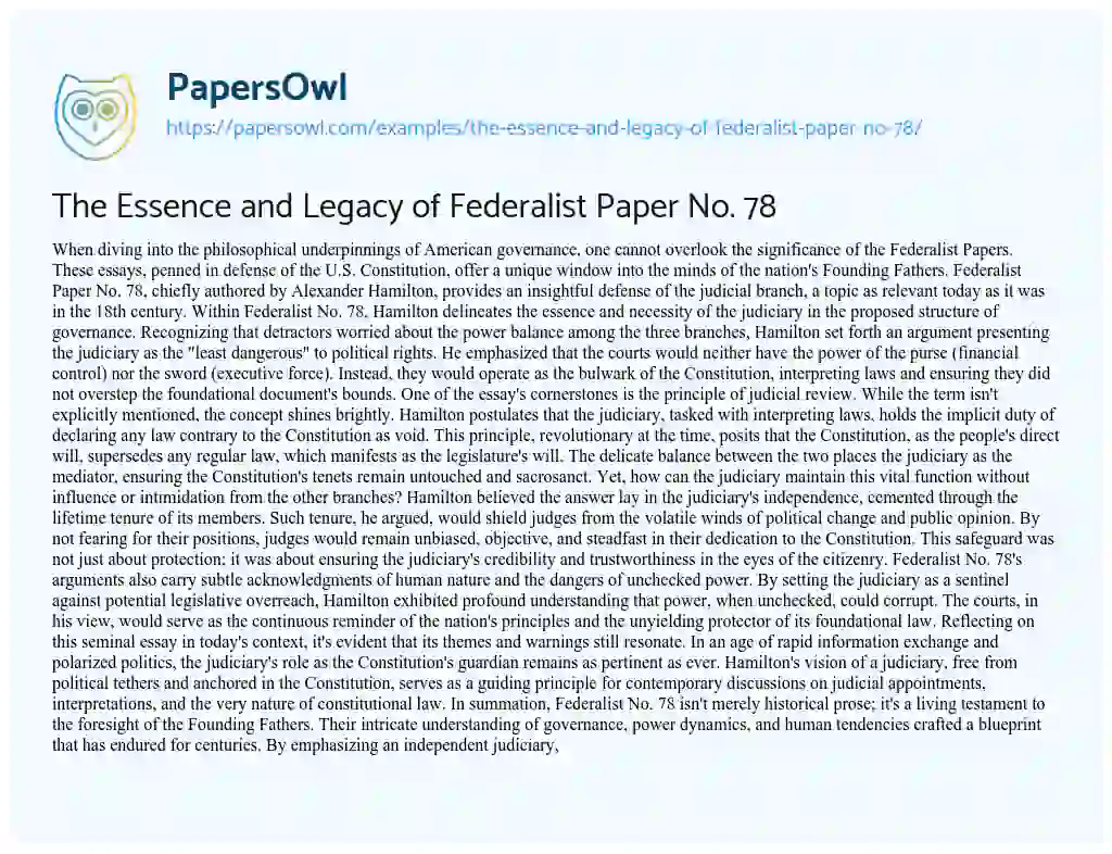 Essay on The Essence and Legacy of Federalist Paper No. 78