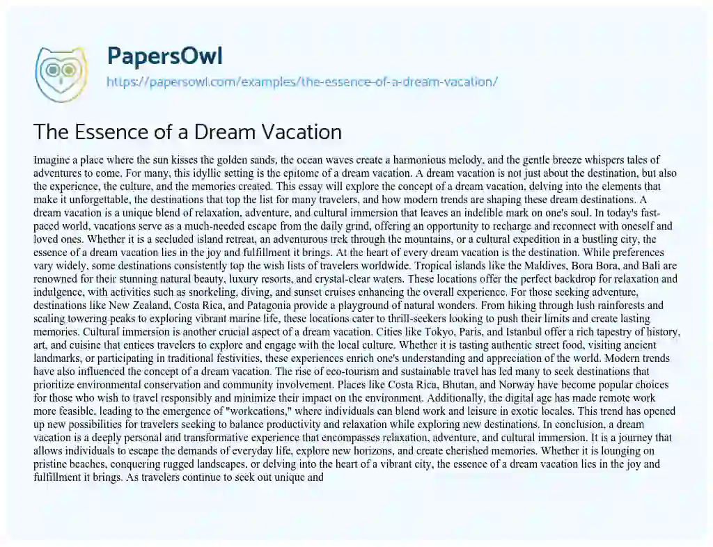 Essay on The Essence of a Dream Vacation
