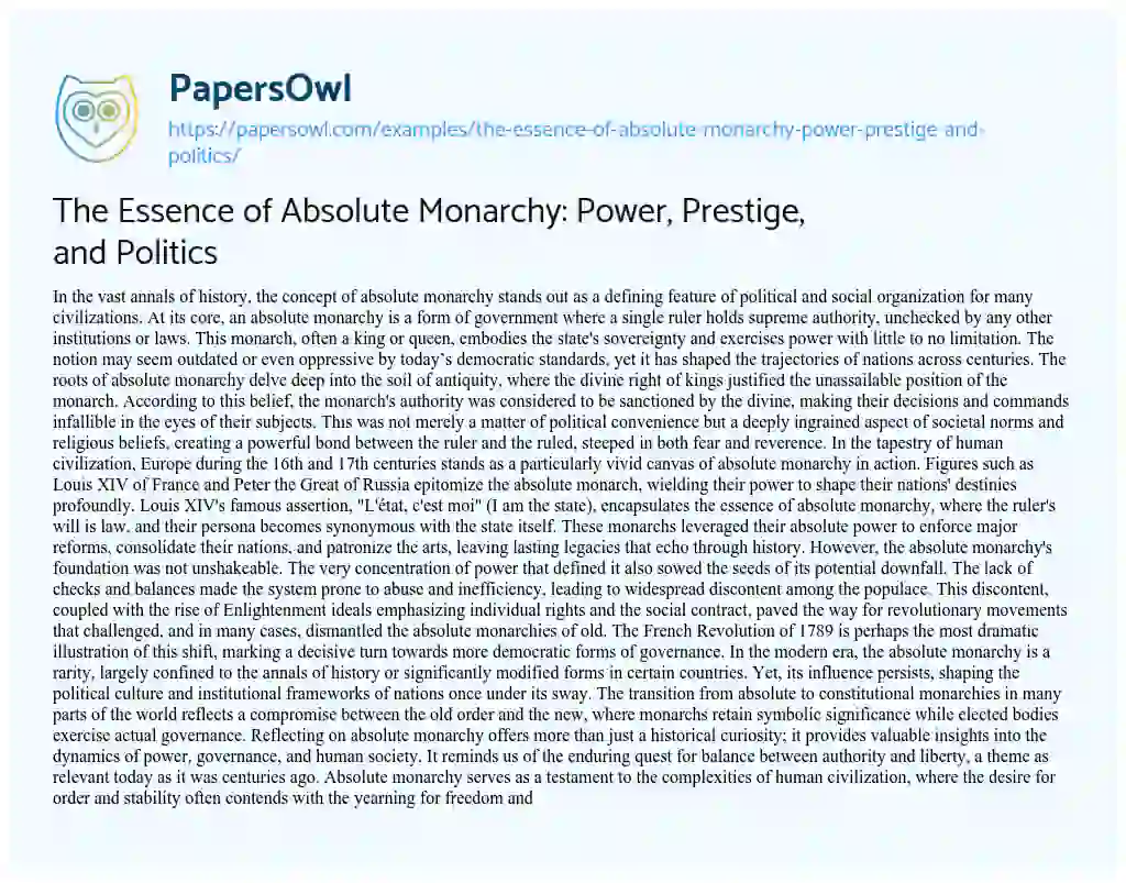 Essay on The Essence of Absolute Monarchy: Power, Prestige, and Politics