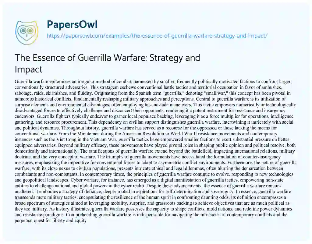 Essay on The Essence of Guerrilla Warfare: Strategy and Impact