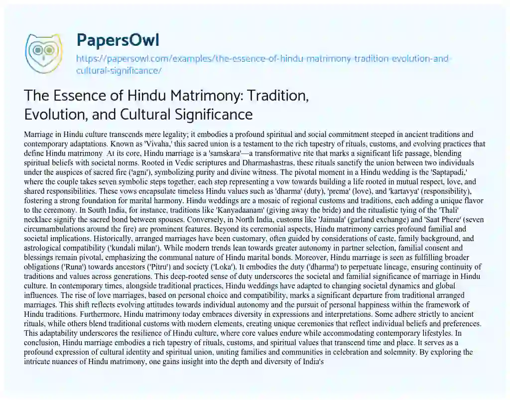 Essay on The Essence of Hindu Matrimony: Tradition, Evolution, and Cultural Significance