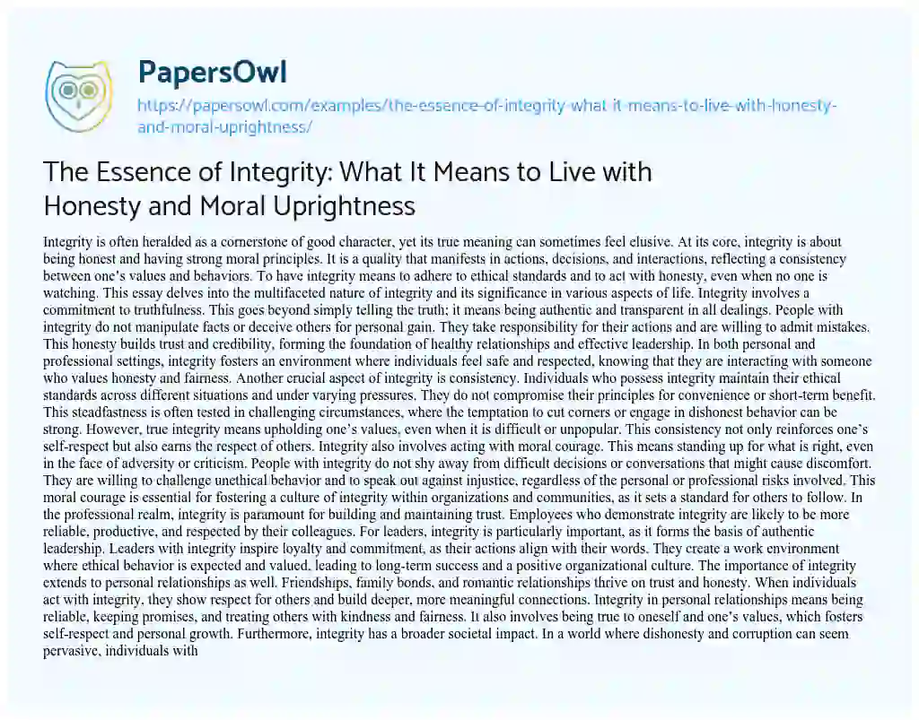 Essay on The Essence of Integrity: what it Means to Live with Honesty and Moral Uprightness