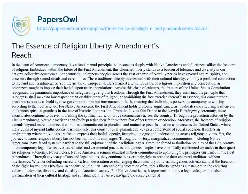 Essay on The Essence of Religion Liberty: Amendment’s Reach
