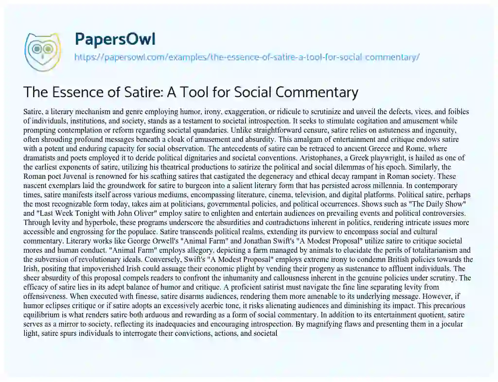Essay on The Essence of Satire: a Tool for Social Commentary