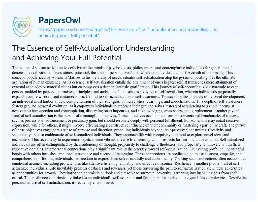 Essay on The Essence of Self-Actualization: Understanding and Achieving your Full Potential