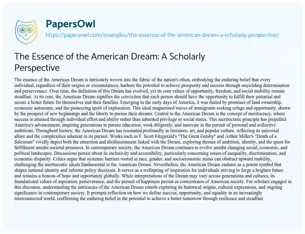 Essay on The Essence of the American Dream: a Scholarly Perspective