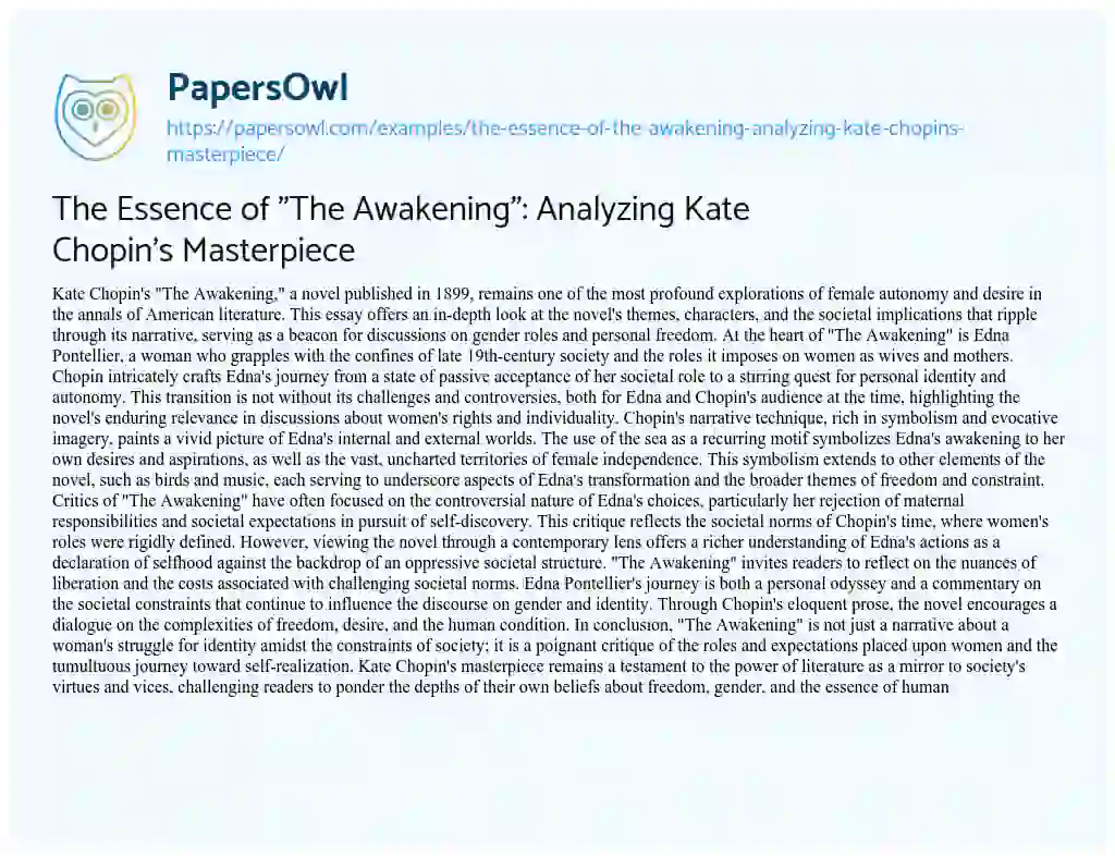 Essay on The Essence of “The Awakening”: Analyzing Kate Chopin’s Masterpiece