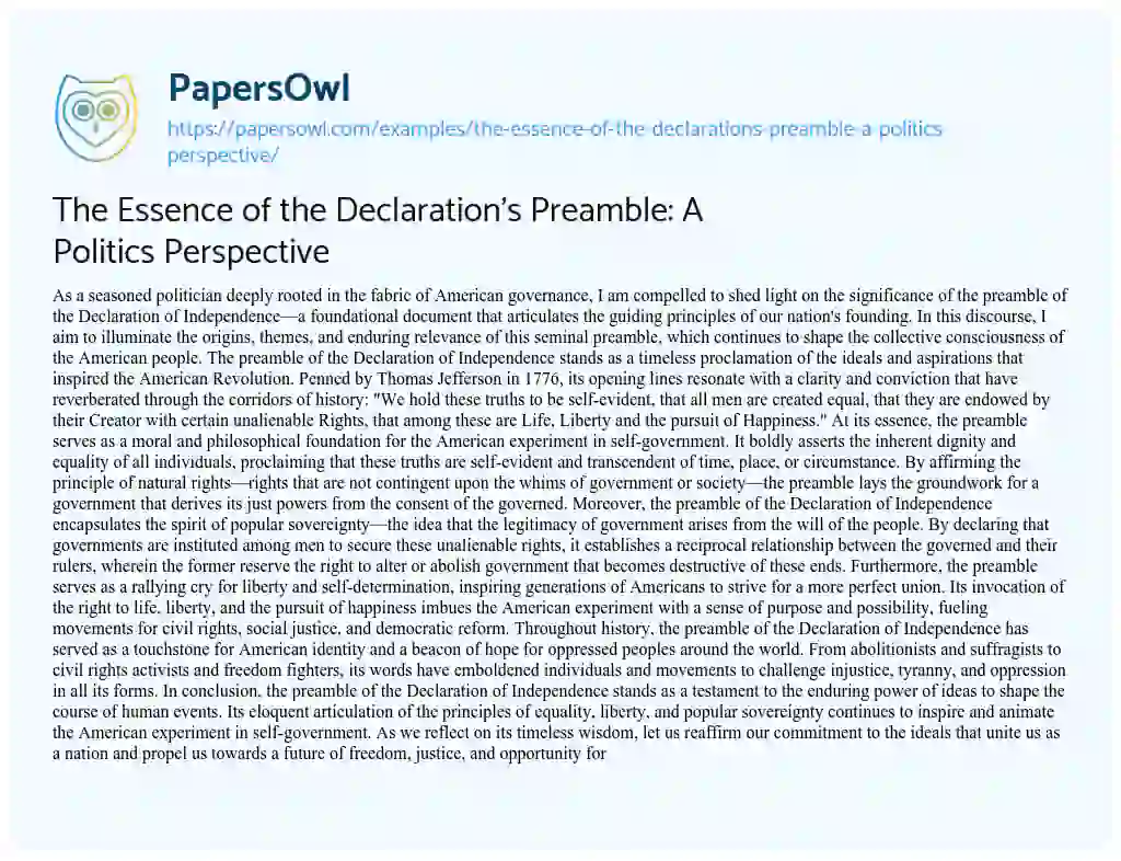 Essay on The Essence of the Declaration’s Preamble: a Politics Perspective
