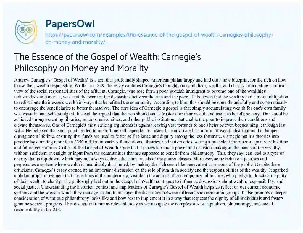 Essay on The Essence of the Gospel of Wealth: Carnegie’s Philosophy on Money and Morality