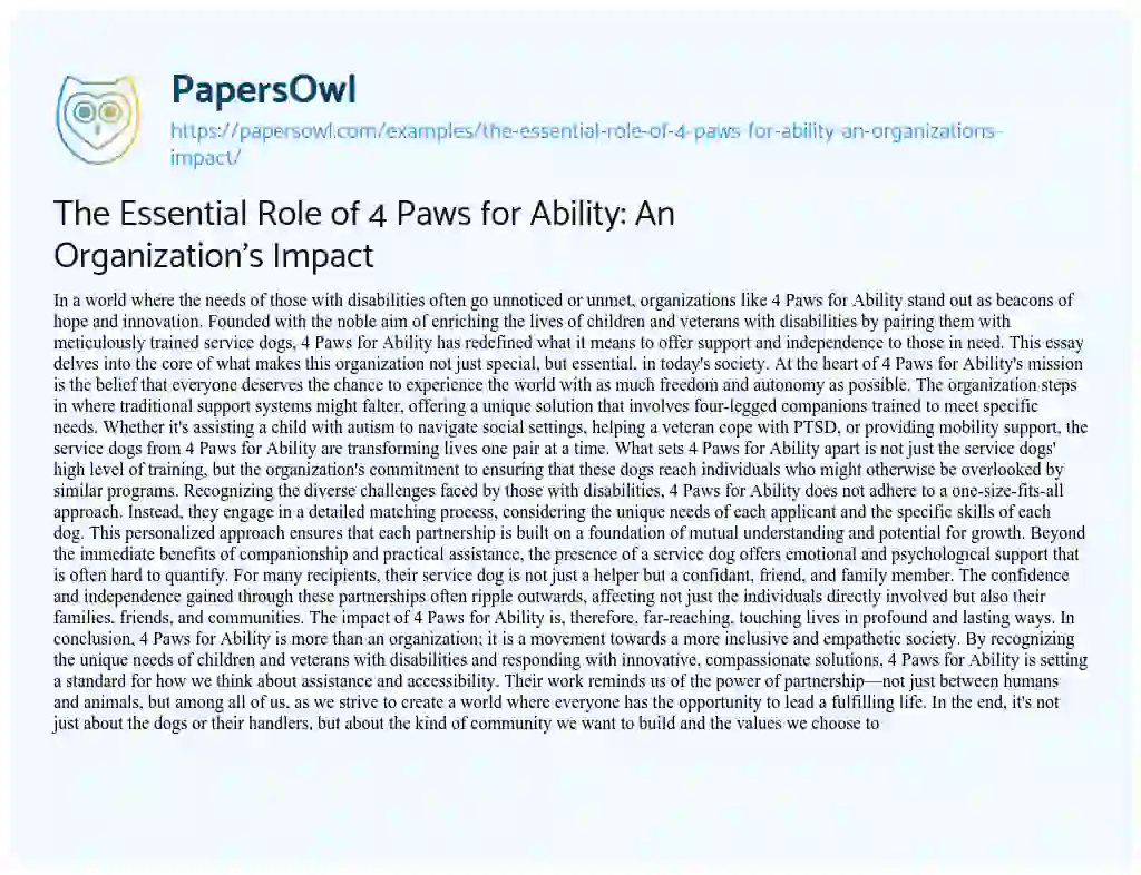 Essay on The Essential Role of 4 Paws for Ability: an Organization’s Impact