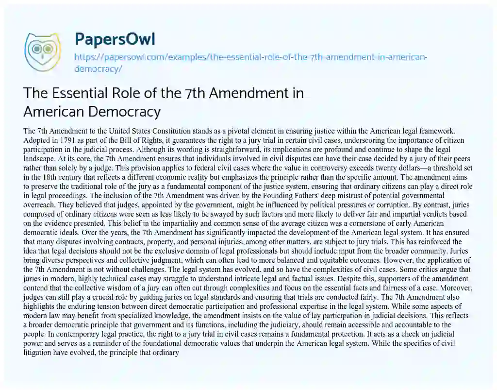 Essay on The Essential Role of the 7th Amendment in American Democracy