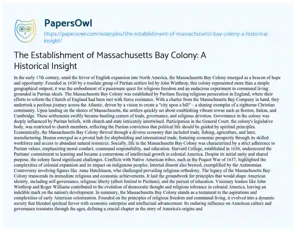 Essay on The Establishment of Massachusetts Bay Colony: a Historical Insight