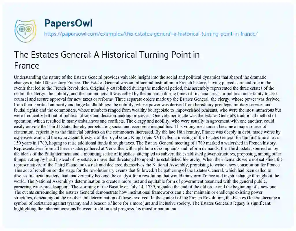 Essay on The Estates General: a Historical Turning Point in France