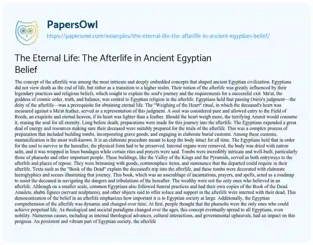 Essay on The Eternal Life: the Afterlife in Ancient Egyptian Belief