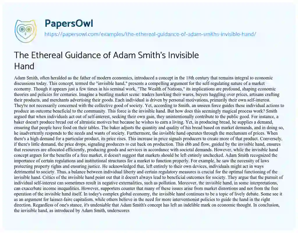 Essay on The Ethereal Guidance of Adam Smith’s Invisible Hand